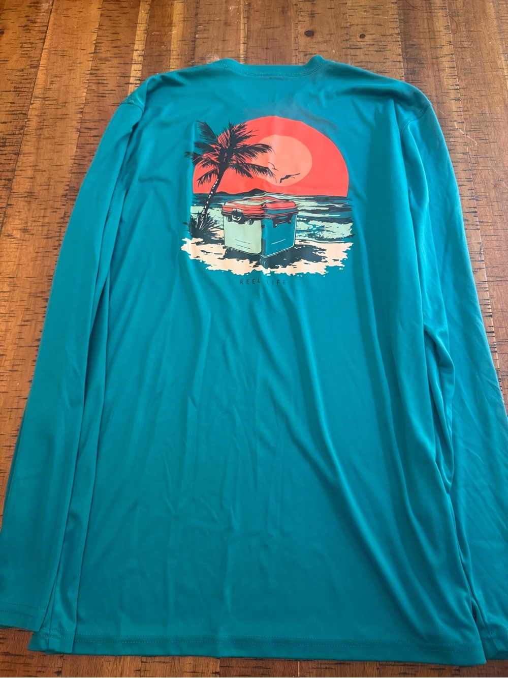 Men's Large Reel Life Teal Long-Sleeve Rash Guard with Coastal Cooler Graphic